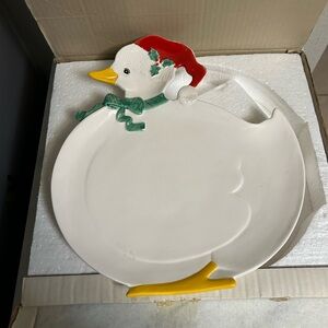 Vintage Fitz And Floyd Duck Serving Platter Christmas White Ceramic 13”X 12”